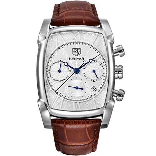 BENYAR Waterproof Chronograph Classic Rectangle Case Watches Leather Strap Business Wrist Watch for Men (White)