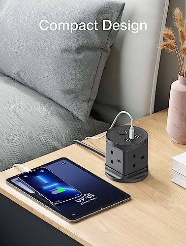 Cube Extension Lead with USB, UK 7-in-1 Power Strip with 3 USB Ports (5V/2.4A) Chiefox 4 Way Extension Cable Socket with Switch, 3M Multi Plug Extension Cords for Home Office Travel Dorm Room- Black