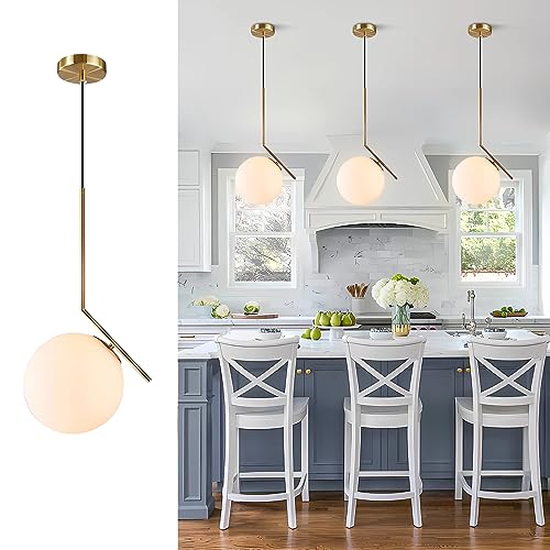 BOKT Lámpara Colgante de Globo Moderna Candelabro de Mediados de Siglo Latón Cepillado Luz Colgante Ajustable con Vidrio Esmerilado Blanco para Isla de Cocina Recámara Comedor (C-25 cm)