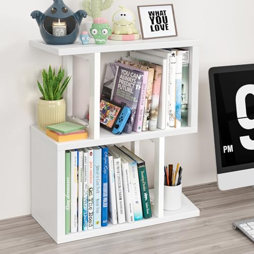 Photo 1 of IGERI Desktop Bookshelf for Top of Desk Shelf - White Book Organizer 3-Tier Shelves Storage Small Bookcase Hutch for Dorm Office College Table Top Organization Shelving Decorations for Women