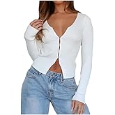 Womens Y2K Long Sleeve Crop Sweater Shirts,Fall Casual Knit Rib Cardigan Slim Fit Going Out Tops