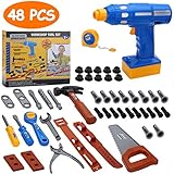 Pakoo Kids Tool Set Toddle Toys 48 PCS,Educational Pretend Play Children Toys,Toy Construction Tools with Battery Operated Cordless Drill,Tape Measure, Screwdriver, Toy Hammer, Nuts and Bolts