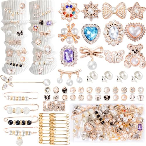 65Pcs junk socks charms kit Safety Pin Brooch Shoe Charms for Sneakers Brooches and Pins for Women Pearl Rhinestone Brooch hat Pins Buttons