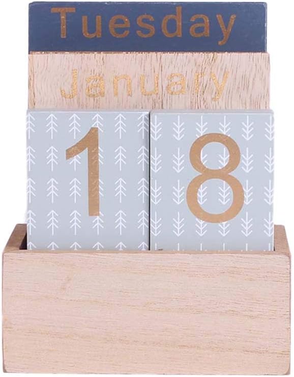 chuwa Vintage Wooden Desk Perpetual Calendar Eternal Block Planner Month Week Date Display Home Office Desktop Decoration