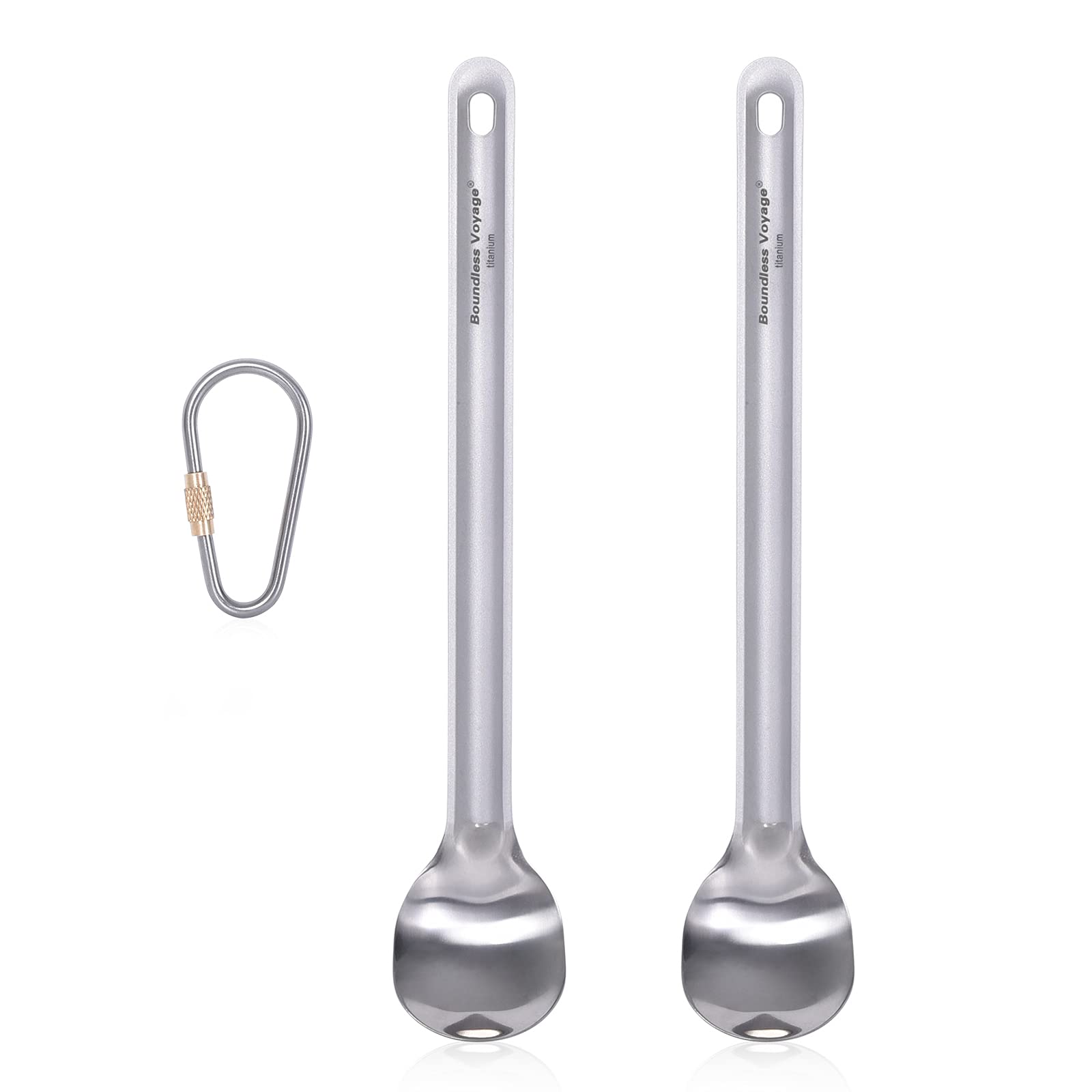 iBasingo Titanium Long Handle Spoon Camping Soup Rice Snack Cutlery with Polished Bowl Ultralight Outdoor Picnic Flatware Portable Travel Tableware Cooking Utensils with Hook 2 Pieces Ti1031T