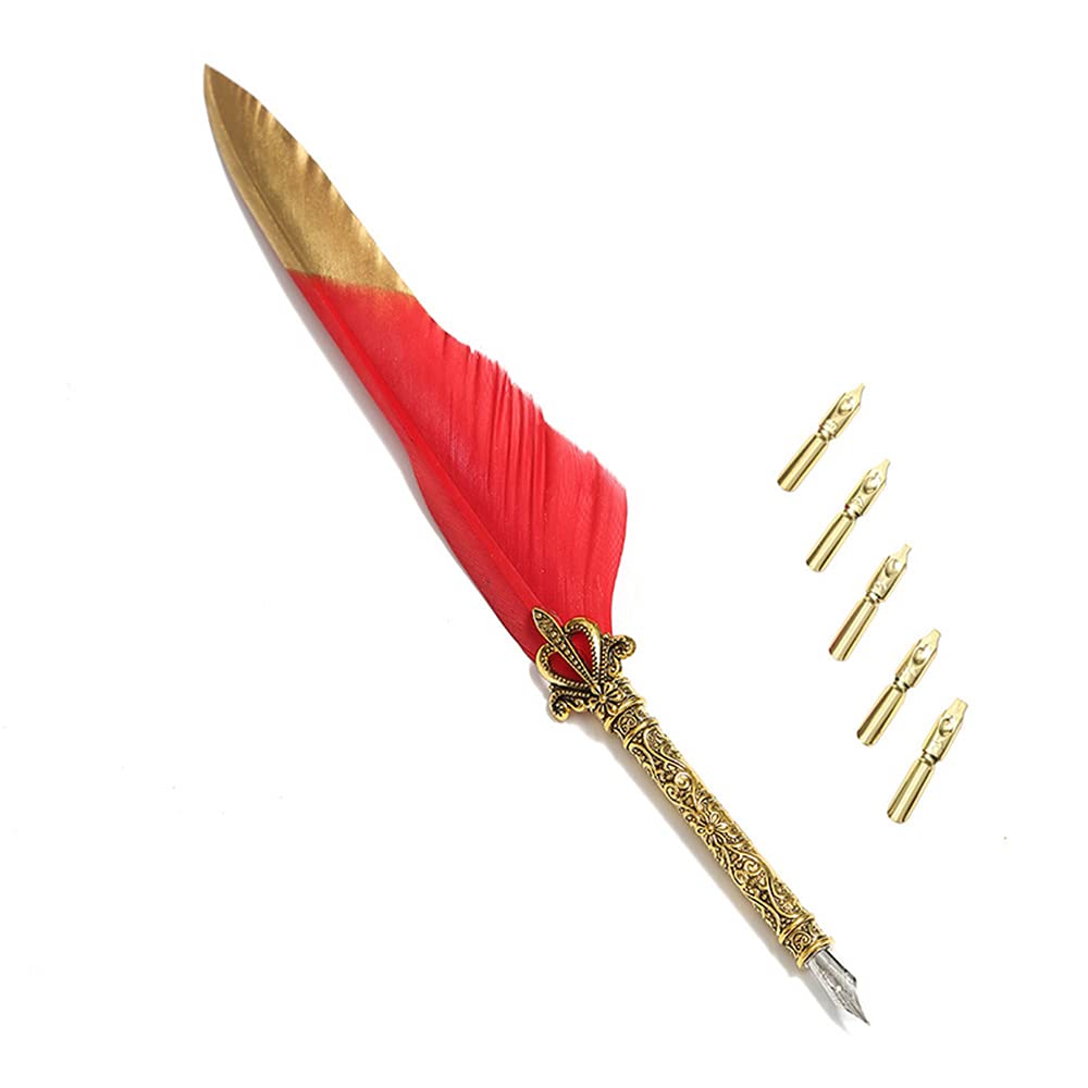 ANCLLO Quill Handcraft Feather Dip Pen Stem Metal Nib Pen Writing Quill with 5 Extra Nibs-Red