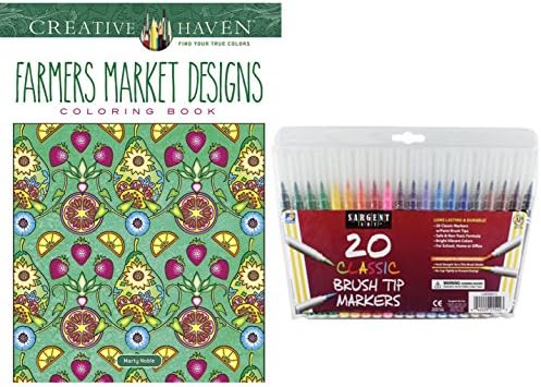 Dover Adult Coloring Book Farmers Market Designs and Sargent Art Firm Brush Tip Pen Markers in a Case, Set of 20 Gift Set: Stress Relieving Seed Packets, Veggies, Fruits to Color and Enjoy!