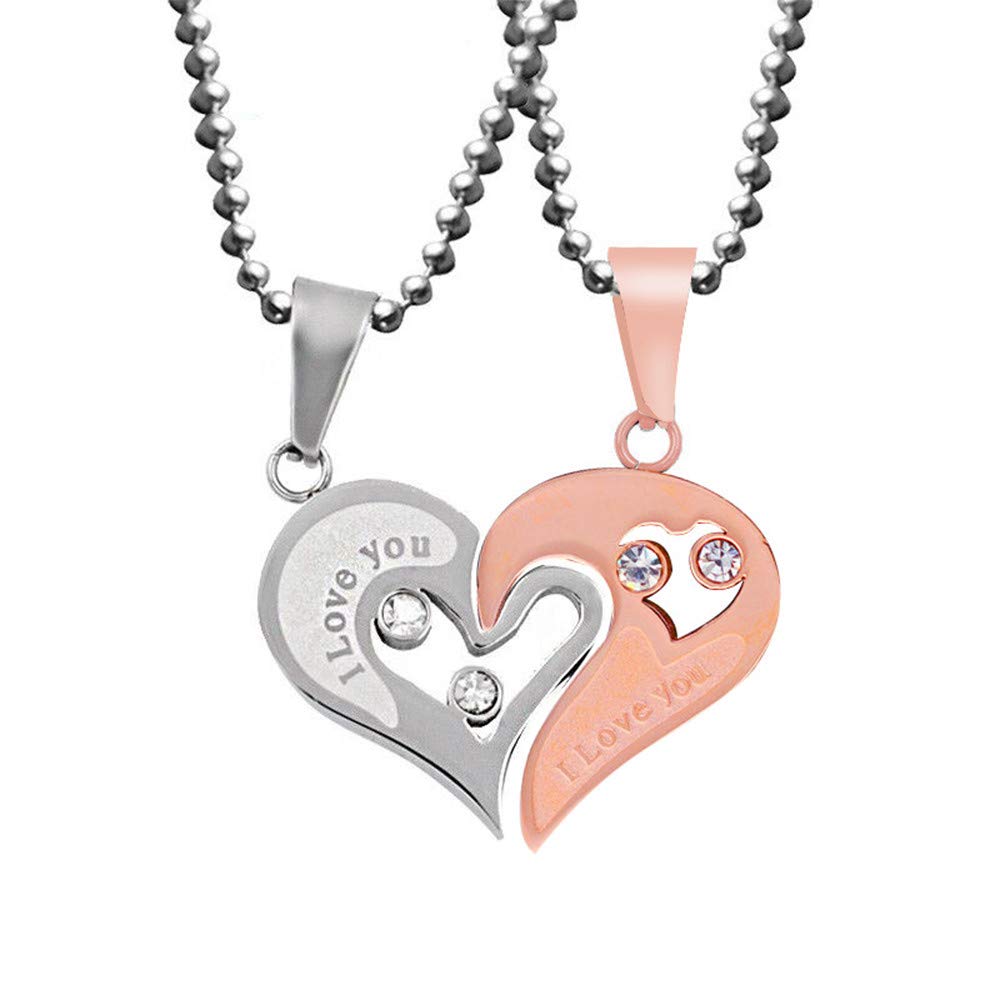 Uloveido 2 pcs Couple Necklace Stainless Steel Heart Pendant Puzzle Matching Necklaces Set I Love You Gifts (Rose Gold) — image 1