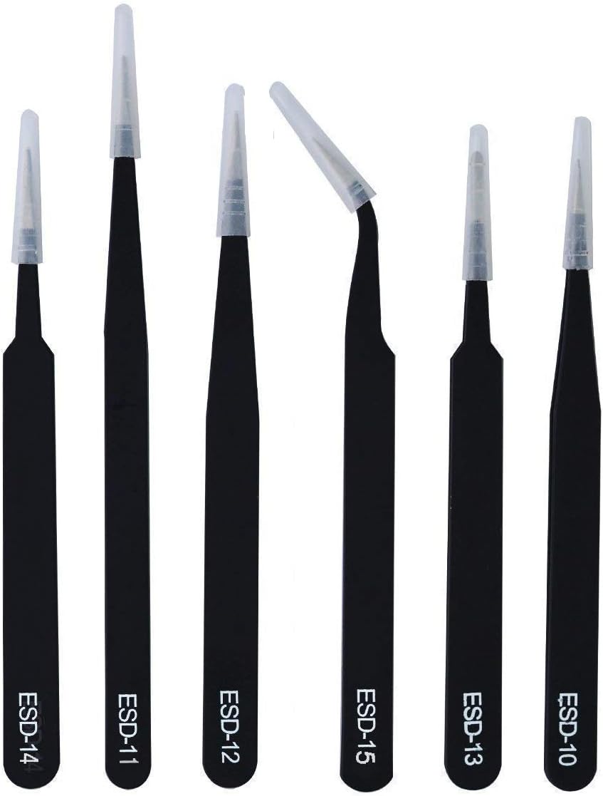 Justec 6 PCs Stainless Steel Tweezer Set, Anti-static ESD Tweezers with Non Magnetic Tips for Electronics Repair, Soldering, Crafting and Jewelry