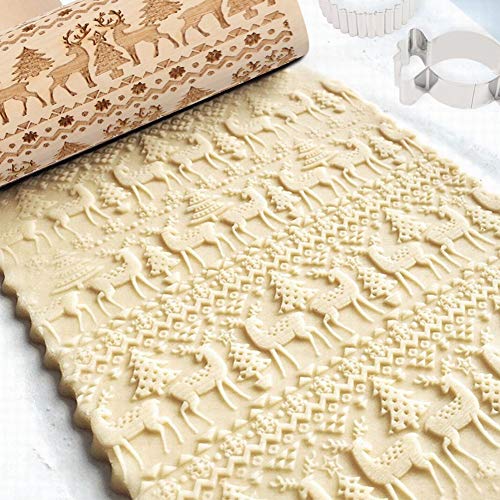 Koogel Christmas Pastry Roller with Handle, Winter Theme Roller Non-Stick Wooden Rolling Pin with Patterns Plus 5PCS Cookie Molds for Christmas Parties Family Parties Winter Theme Bakery Pastry
