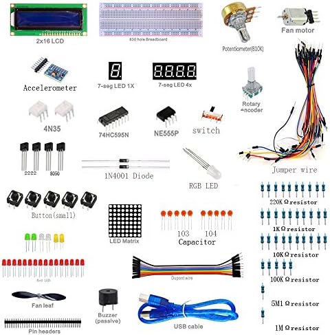 Greatwell 1602 LCD Starter Kit for Arduino Accelerometer Fan Motor Pin headers Rotary Encoder