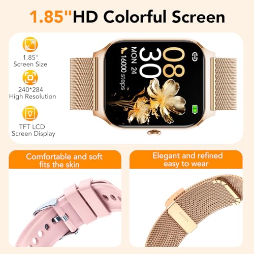 CASCHO Women's Smartwatch 1.85 Inch Smartwatch with Calls/WhatsApp Notifications, 120 Sports Modes/Sleep/Heart Rate Monitor/SpO2/Pedometer, Smart Watch for Android iOS (Dual Strap)