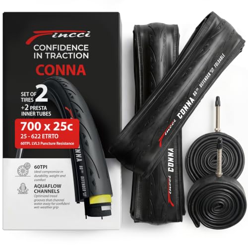 Fincci Folding Road Bike Tyre 700x25c with Presta Chamber (Pack of 2) | ETRTO 25-622 700x25c Tyre and Chamber 60 TPI 85-115 PSI Puncture Proof 1 mm for Road Bike Racing Triathlon Fixie