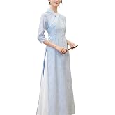 AHUANH 7-Minute Sleeve Chinese Traditional Dress Ao Dai Vietnamese Dress, Chiffon Slim V-Neck Qipao Dress for Women
