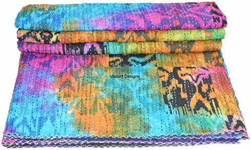 Vedant Designs Vintage Tye Dye Queen Cotton Kantha Quilt Throw Blanket Gudari