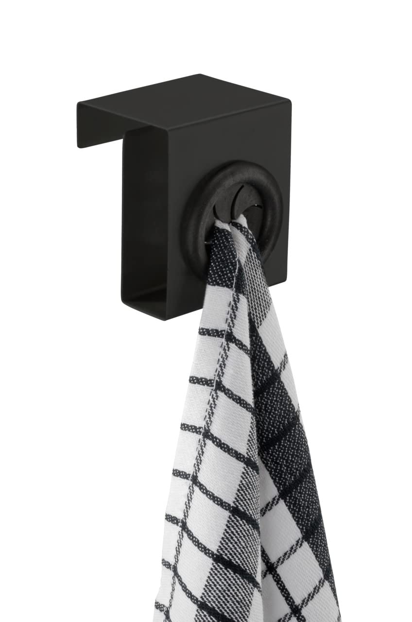 WENKO Hook by Push, kitchen magic hook made of stainless steel in matt black for hanging on the drawer or cupboard door, dish towels are simply inserted, 5 x 6 x 4 cm