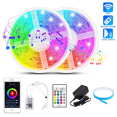 LED Strip Lights 32.8FT, WiFi 5050 RGB 300 LEDs Music Sync Color Changing Rope Tape Lights Outdoor Waterproof Smart Flexible Dimmable LED Strip Light Remote Alexa App Control Indoor for iOS Android