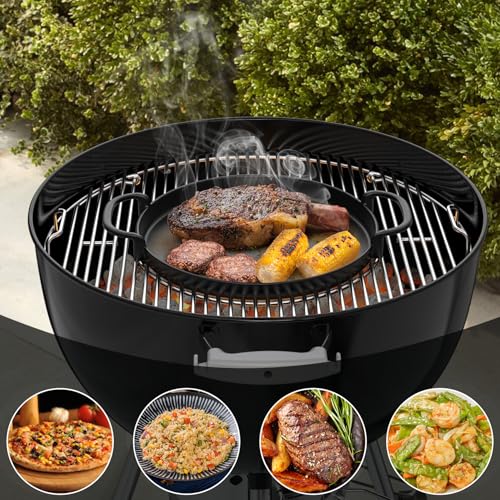 Onlyfire 30.5 cm Cast Iron BBQ Grill - Round Cooking Plate with Handles - Cast Iron Pan - Accessory for Weber Gourmet BBQ and Crafted System