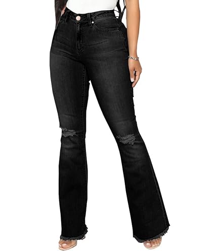 FYEARFOX Women's Destroyed Ripped Denim Bell Bottom Flare Jeans – Raw Hem, Frayed Details, Black, X-Large (Check Size Chart) - View #6