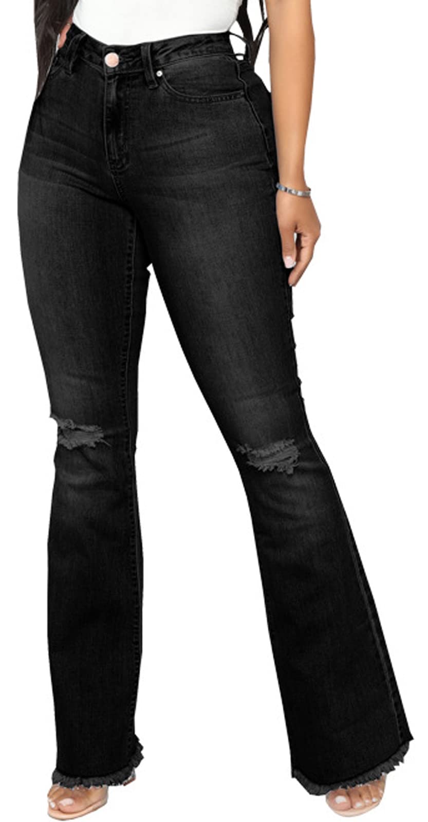 Photo 1 of Black Bell Bottom Jeans for Women Elastic High Waisted Ripped Raw Hem Classic Flared Jean Stretch Comfortable Destroyed Denim Pants