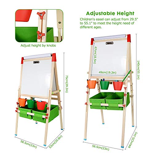 CIRO kids wooden art easels 3-in-1 chalkboard/whiteboard/paper roll (1 apron, 2 gloves, a full set of art supplies accessories)
