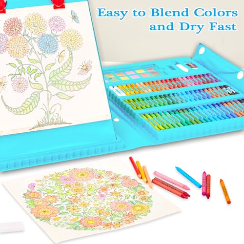 KINSPORY Art Supplies, 290 Pack Art Sets Crafts Drawing Coloring kit, Double-Side Trifold Easel, Oil Pastels, Crayons, Colored Pencils, Creative Gift for Beginners Artists Girls Boys Kids (Blue)