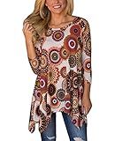 MIROL Womens Casual Fall Floral Print 3/4 Sleeve Tunic Loose Long Blouse Tops,Brown,Medium