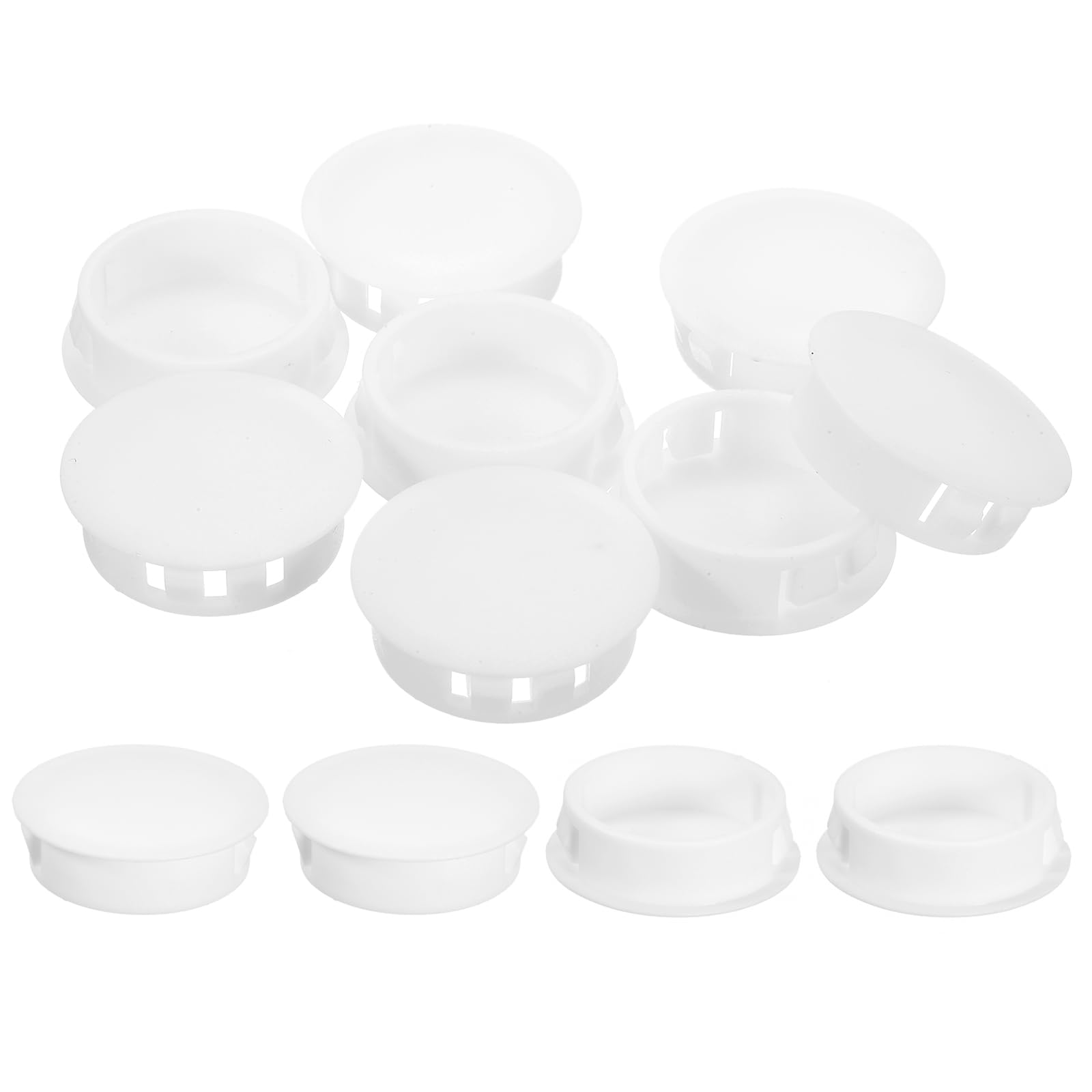 Photo 1 of uxcell 12Pcs 32mm(1-1/4") Nylon Hole Plugs, Flush Type Panel Round Snap in Fastener Knockout Locking Plugs for Furniture Insert End Caps Panels, White