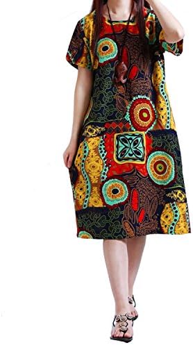 LVCBL Women Summer Short Sleeve Linen Loose Kaftan Casual Baggy Dress Plus Size S-5XL