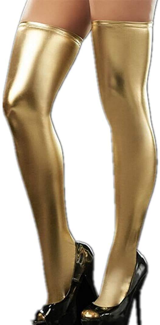 Czizi Women's Shiny Metallic Over Knee Leg Stockings Elastic Socks Tights Costume (Gold)