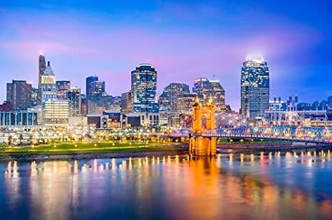 Amazon Com Cincinnati Ohio Skyline At Night With Water Reflections A 9006997 9x12 Art Print Wall Decor Travel Poster Posters Prints