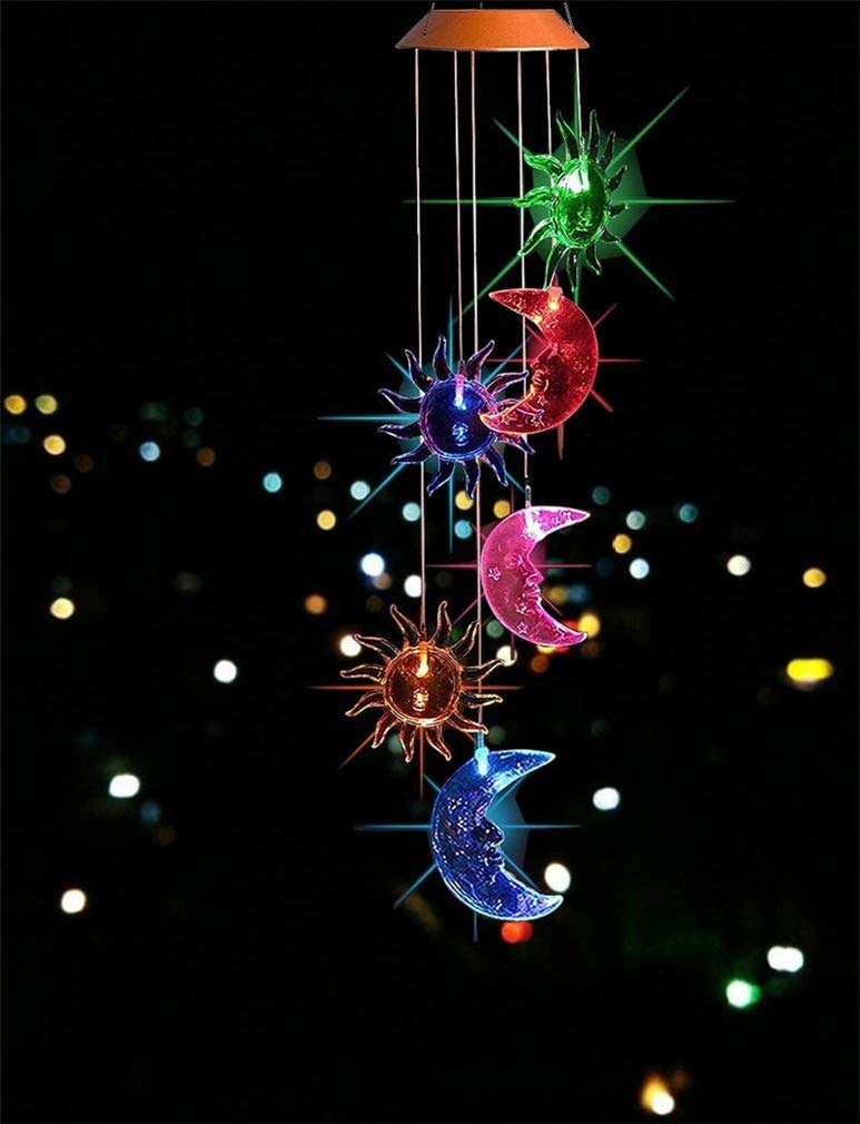 Ulalaza Solar Wind Chime Outdoor LED Color Changing Solar Lights Romantic Décor for Patio Garden Yard Home (Sun & Moon)