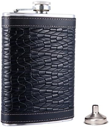Taneaxon Weave Pattern Pocket Hip Flask 9 oz - Stainless Steel with Leather Wrapped