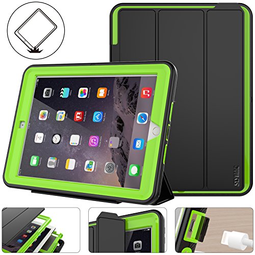 New iPad 2017/2018 Case, Shockpoof Protective 9.7 inch Case Rugged Smart Cover Auto Sleep Wake with Leather Stand Feature for New iPad 5th Generation Model (A1822/ A1823/ A1893/ A1954) (Black/Green)