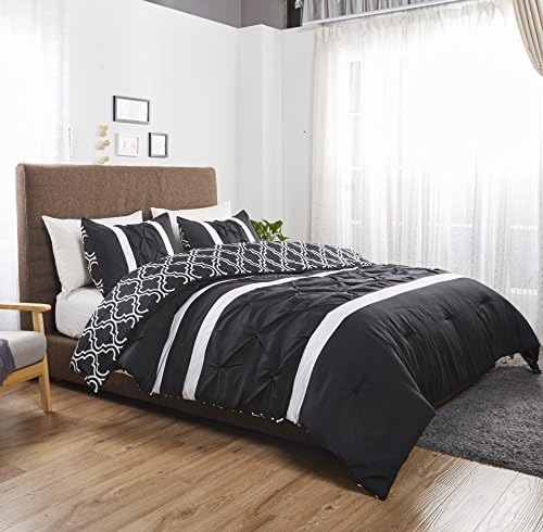 Felicite Home 3 Piece Printed Reversible Pinch Pleat Comforter Set Fade Resistant, Wrinkle Free, No Ironing Necessary, Super Soft,Luxury Goose Down Alternative Comforter Set, Cal King, Black