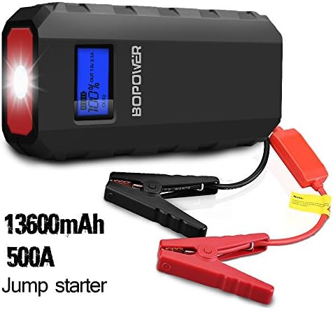 BOPOWER 500A Peak 13600mAh Portable Car Jump Starter Battery Booster and Phone Power Bank with Smart Charging Port, Compass, LCD Screen and LED Light, up to 4.2L Gas and 3.0L Diesel Engine - Black/Red