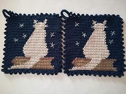 1 Paire De Maniques Chat Sur Livre Etoiles Crochet Fait Main Neuf Amazon Fr Cuisine Maison