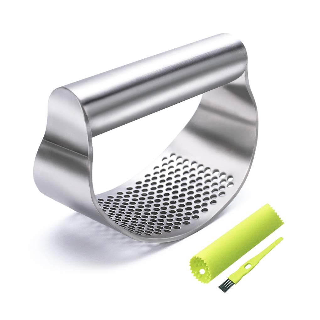 Photo 1 of GuDoQi Garlic Press Rocker, Stainless Steel Garlic Mincer Garlic Crusher, Garlic Chooper with Peeler and Scraper Brush, Garlic Press with Ergonomic Handle, Innovative Kitchen Gadgets