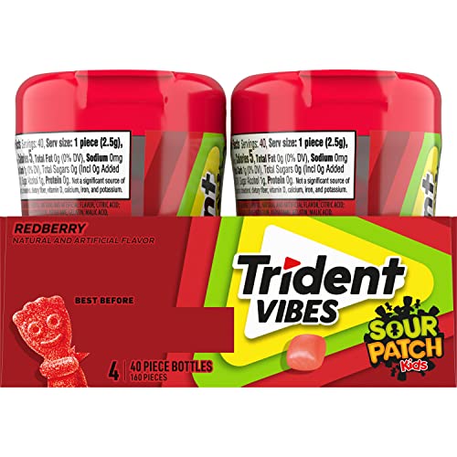 TRIDENT VIBES SOUR PATCH KIDS REDBERRY SUGAR-FREE CHEWING GUM, 4-40 PIECE BOTTLES (160 TOTAL PIECES)
