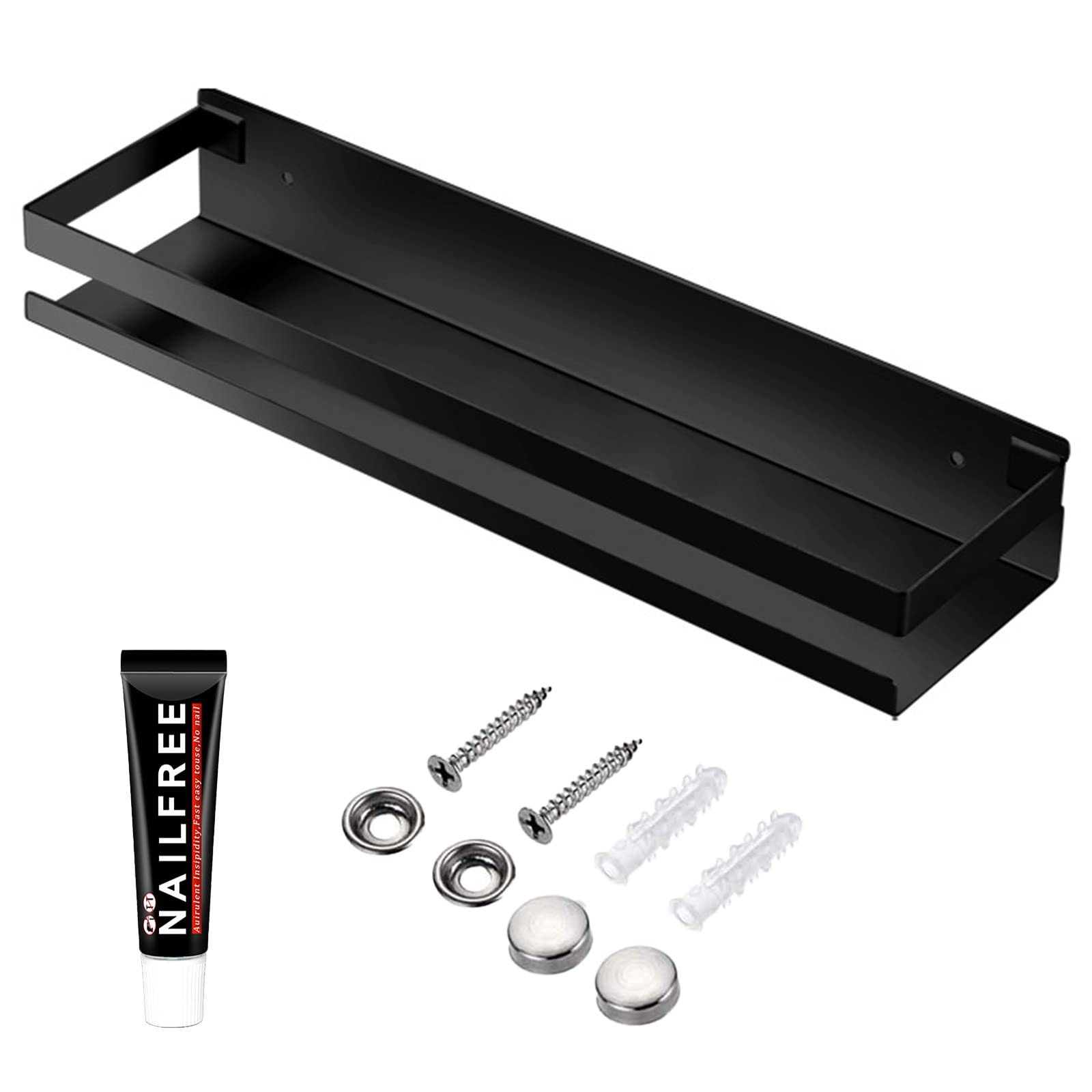 Rustproof Metal Storage Floating Shelf Wall Mounted Rectangular Shelf Bedroom, Bathroom, Living Room, Kitchen and Laundry Room, Nail Free Floating Shelf Wall Mounted Storage Shelf (40cm Black)