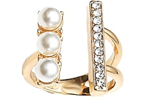 HEBELEE Vintage CZ Tiny Bar Pearl Open Band Ring for Women Girls Gold Plated Cubic Zirconia Statement Adjustable Expandable Shell Pearls Finger Rings Comfort Fit Dainty Wedding Anniversary Christmas Jewelry