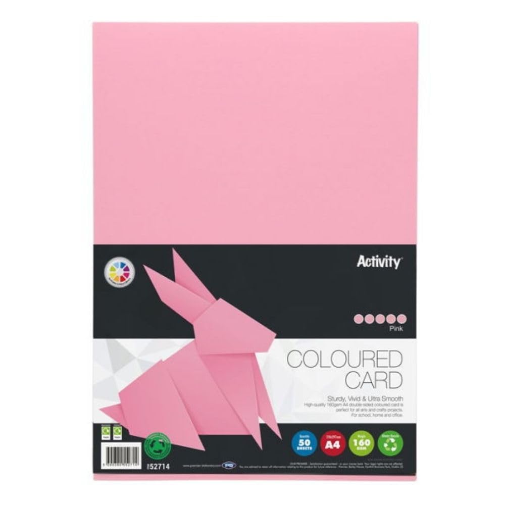 Premier Stationery A4 Pink Coloured Card (160gsm)- Pack of 50, Double-sided, A4 Card for printers, Perfect for kids art & craft card making activities, DIY Crafts, Scrapbooking and much more.