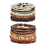JUSNOVA 5-12 Pcs Leather Bracelet for Men Women Wooden Beaded Bracelets Cuff Adjustable