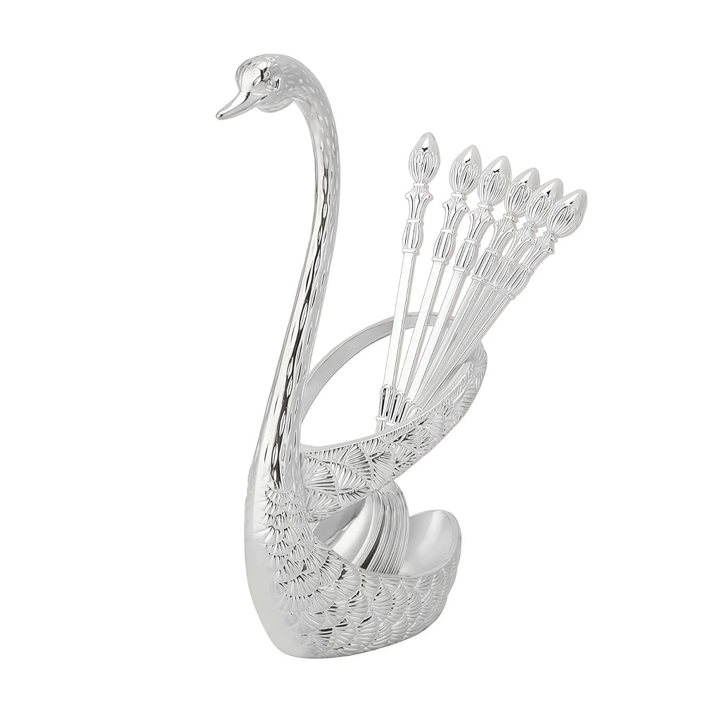 Coffee Spoon Set, 6pcs Stainless Steel Mini Dessert Teaspoons Flatware Creative Espresso Tableware Swan Base Holder Organizer Household Decoration Dinnerware for Cappuccino Sugar Cake Soup (Silver)