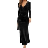 ebossy Women's Vintage Long Sleeve Velvet Maxi Dress Ruched Bodycon Mermaid Fishtail Wrap Evening Party Dress