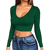 Artfish Women's Long Sleeve Scoop V Neck Crop Top