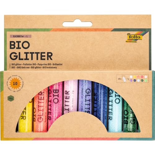 folia 57817 - Organic Glitter Mix Rainbow L, 10 Tubes of 7 g, Organic Glitter in 10 Different Colours, for Decorating and Decorating