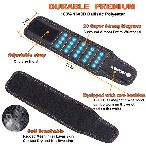 TOPFORT Wearable Magnetic Wristband with 20 Strong Magnets for Holding Screws, Nails, Drill Bits - Best Father's Day Gift for Men, DIY Handyman, Father/Dad, Husband, Boyfriend, Women (Black)