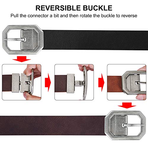 Reversible Women Leather Belt, Reverse Lady Belt for Jeans with Rotated Buckle, A-Black/Coffee, Perfect for Pants 32-36 Inches