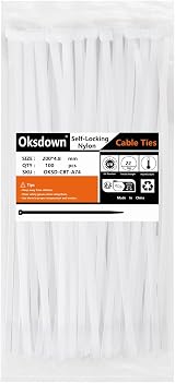 Oksdown 100 Pack White Cable Ties 200mm 4.8mm Nylon Self Locking